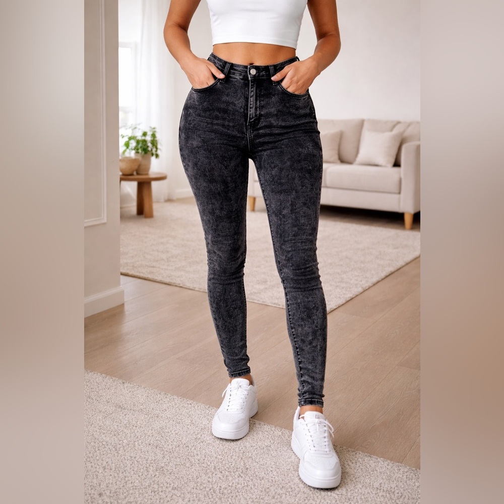 H&M Skinny Jeans Black Acid Wash High Rise Slim Fit Jeggings 36/32
